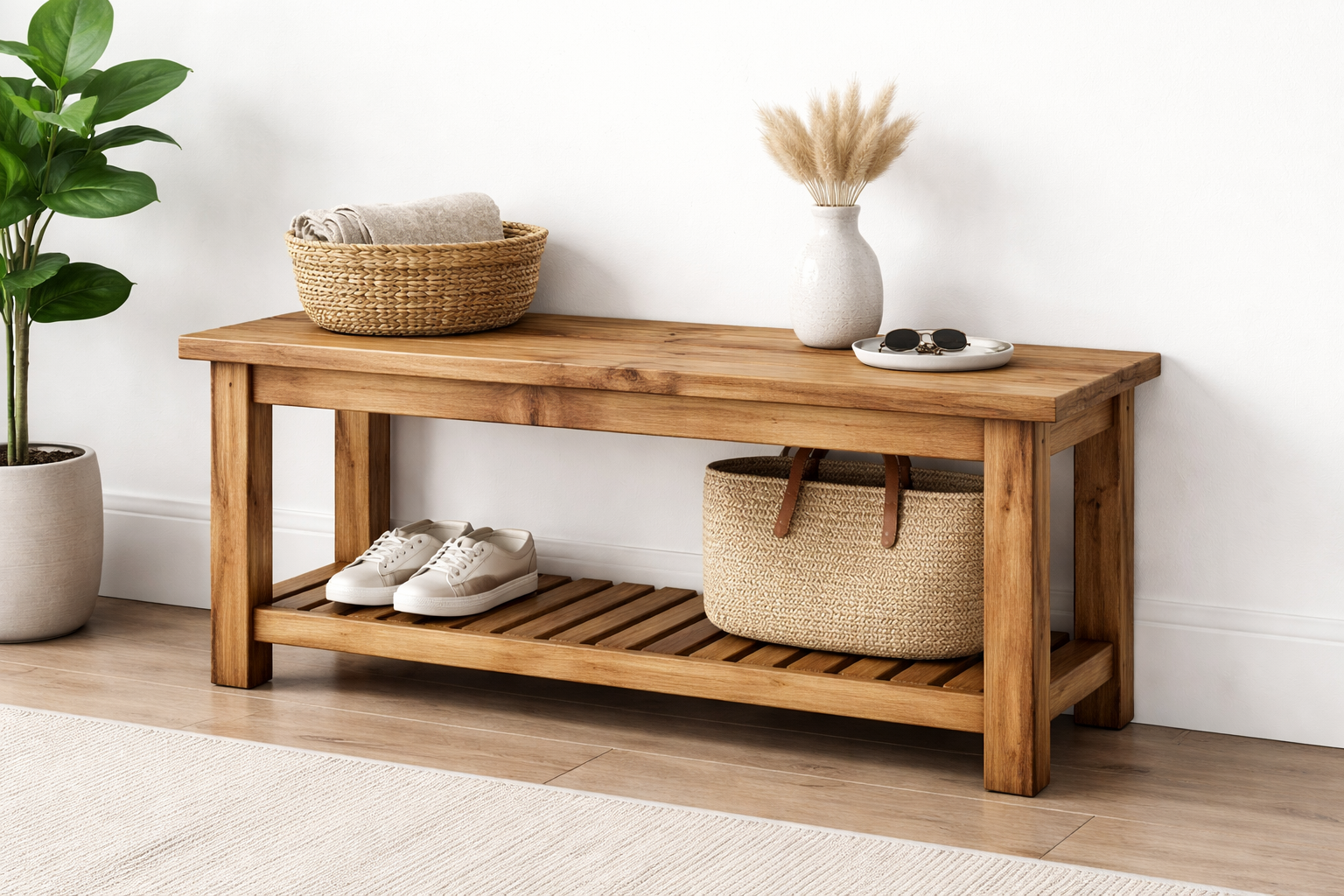 Handcrafted Rustic Entryway Bench — Solid Wood with Storage Shelf